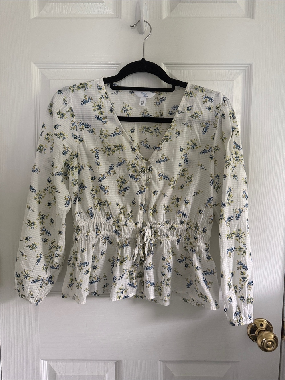 Time and Tru White Floral Drawstring Peplum Blouse with Blue & Green